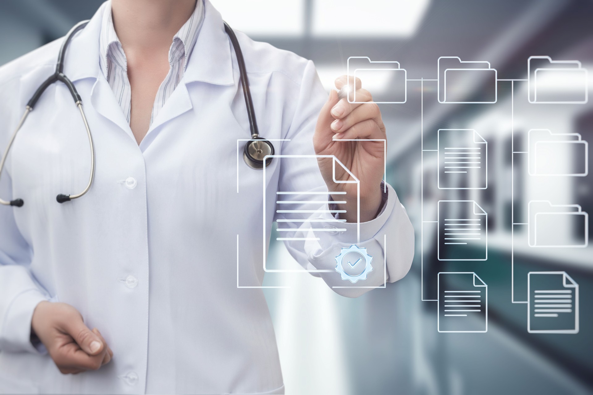 Doctor works with electronic medical certificates